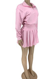 Rosa lässige Sportbekleidung, einfarbig, Patchwork-Falten-Reißverschluss-Kragen, langärmlig, zweiteilig