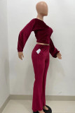 Burgundy Fashion Casual Solid Basic Oblique Collar Long Sleeve Two Pieces
