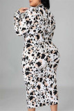 Multicolore Fashion Casual Print Zipper Half A Turtleneck Long Sleeve Plus Size Dresses