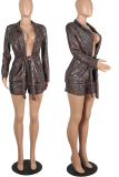 Silver Sexy Bronzing Bandage Turndown Collar Long Sleeve Two Pieces