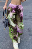 Fluoreszierende grüne Street-Print-Patchwork-Hose mit lockerer, hoher Taille und geradem Volldruck