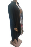 Черное модное повседневное платье-рубашка больших размеров в стиле пэчворк с асимметричным отложным воротником и принтом