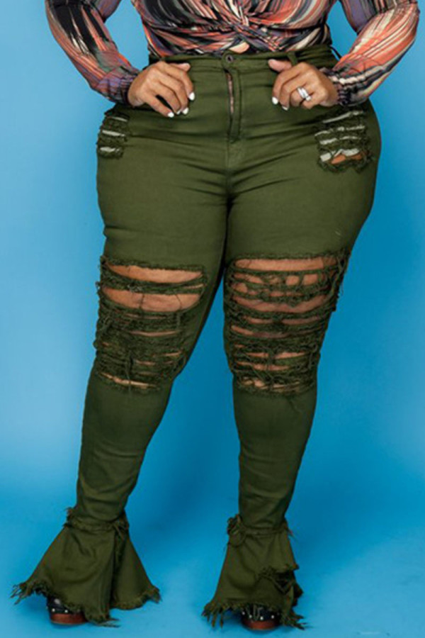 Verde exército sexy rua sólido rasgado retalhos cintura alta corte de bota jeans jeans