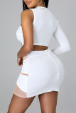 White Sexy Solid Patchwork See-through Asymmetrical O Neck Long Sleeve Two Pieces