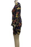 Многоцветный модный сексуальный принт Основные платья с V-образным вырезом и длинным рукавом