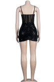 Black Sexy Solid Patchwork See-through Sequins Spaghetti Strap Sling Dress Dresses