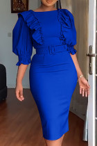 Vestidos de falda de lápiz con cuello en O de patchwork sólido sexy de moda azul