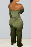Green Casual Solid Patchwork Pocket Frenulum Off the Shoulder Straight Jumpsuits