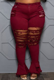 Burgundy Sexy Solid Ripped Patchwork Plus Size Jeans