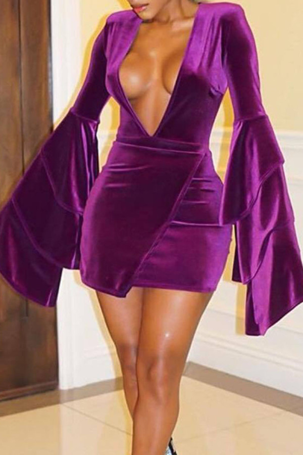 Robes jupe crayon violet sexy solide patchwork volants col en V