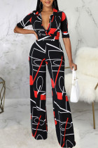 Zwarte casual rechte jumpsuits met geometrische print en patchwork met V-hals