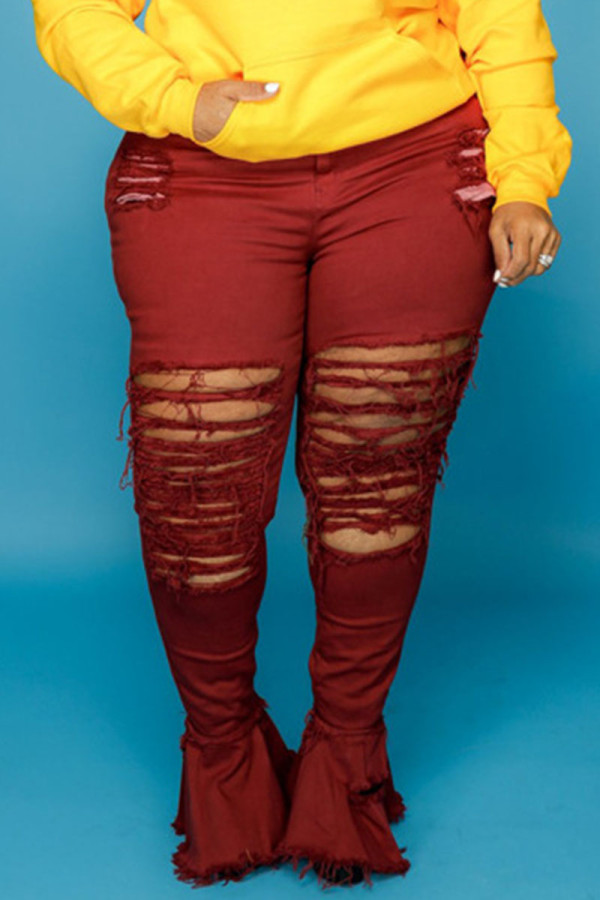 Burgundy Sexy Solid Ripped Patchwork Plus Size Jeans