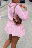 Rosa lässige Sportbekleidung, einfarbig, Patchwork-Falten-Reißverschluss-Kragen, langärmlig, zweiteilig