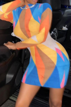 オレンジのセクシーなプリント パッチワーク O ネック ペンシル スカート ドレス
