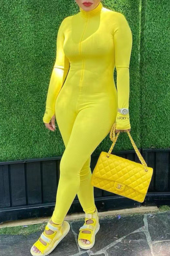Yellow Sexy Solid Patchwork Zipper Collar Skinny Jumpsuits