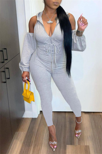 Grey Sexy Casual Solid Bandage Hollowed Out Hooded Collar Skinny Jumpsuits
