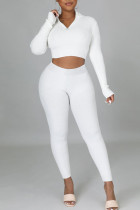 White Sexy Solid Patchwork Zipper Collar Long Sleeve Two Pieces