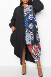 Black Fashion Casual Plus Size Patchwork Print Asymmetrical Turndown Collar Shirt Dress
