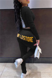 Black Fashion Casual Letter Print Bandage O Neck Long Sleeve Two Pieces