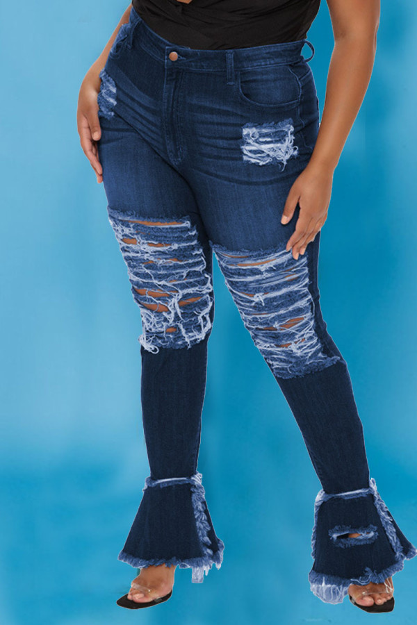 The cowboy blue Sexy Street Solid Patchwork High Waist Boot Cut Ripped Denim Jeans