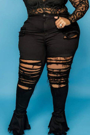 Black Sexy Street Solid Patchwork High Waist Boot Cut Ripped Denim Jeans