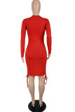 Red Sexy Solid Patchwork Draw String Fold O Neck Pencil Skirt Dresses