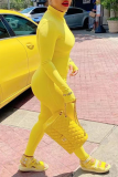 Желтые сексуальные однотонные облегающие комбинезоны с воротником-молнией в стиле пэчворк