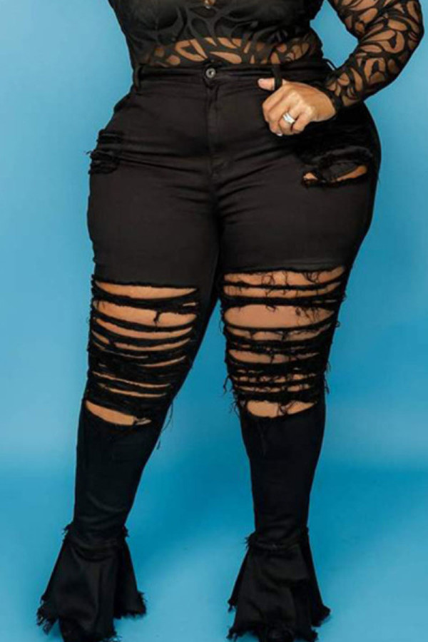 Jeans de talla grande con patchwork rasgado sólido sexy negro