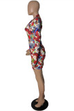 レッド ファッション セクシー プリント ベーシック ジッパー カラー ロング スリーブ ドレス