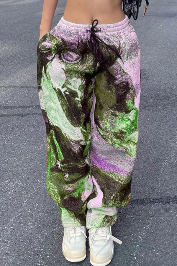 Pantaloni larghi dritti con stampa intera a vita alta patchwork con stampa verde fluorescente