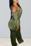Green Casual Solid Patchwork Pocket Frenulum Off the Shoulder Straight Jumpsuits