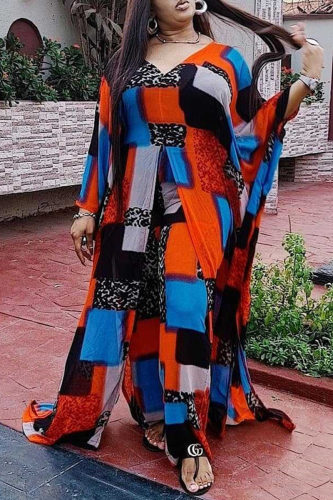 Multicolor Fashion Casual Print Asymmetrical V Neck Plus Size Two Pieces