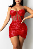 Vestidos vermelhos sexy sólidos com retalhos transparentes e lantejoulas com alça espaguete