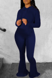 Tibetaans Blauw Mode Casual Solid Basic Hooded Kraag Lange Mouw Twee Stukken