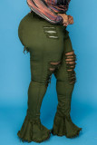 Армейско-зеленые сексуальные уличные однотонные рваные лоскутные джинсы с высокой талией и джинсовой юбкой с вырезом под сапоги