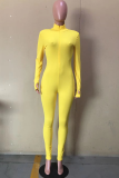 Желтые сексуальные однотонные облегающие комбинезоны с воротником-молнией в стиле пэчворк