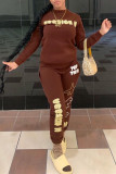 Marron Fashion Casual Letter Print O Neck Long Sleeve Two Pieces