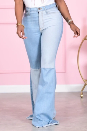 Baby Blue Casual Solid Patchwork Mid Waist Boot Cut Flare Leg Denim Jeans