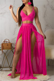 Rose Red Fashion Sexy Solid Split Joint Backless Spaghetti Strap Sleeveless Two Pieces