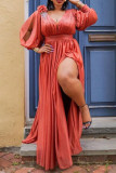 Red Fashion Sexy Solid Slit V-Ausschnitt Langarm Plus Size Kleider