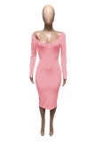 Pink Fashion Sexy Solid Basic V-Ausschnitt Langarm-Kleider