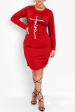 Красные модные повседневные платья с принтом и круглым вырезом с длинным рукавом