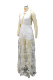 Weißes, modisches, sexy Patchwork-Stickerei, durchsichtiges, rückenfreies, ärmelloses Kleid mit Neckholder