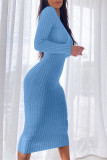 Vestidos de manga larga con cuello en V básicos sólidos sexy de moda azul
