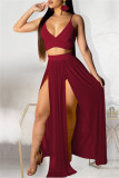 Rose Red Fashion Sexy Solid Patchwork Backless Spaghetti Strap Sleeveless Two Pieces