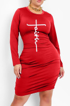 Röd Mode Casual Print Basic O-hals långärmade klänningar