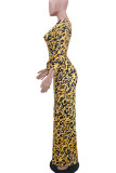 Yellow Elegant Print Patchwork U Neck One Step Skirt Dresses