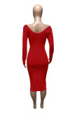 Röd Mode Sexig Solid Basic V-hals långärmade klänningar