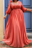 Vestidos de talla grande de manga larga con cuello en V y abertura sólida sexy de moda roja