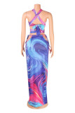 Blue Fashion Sexy Print Bandage Hollowed Out Backless Spaghetti Strap Sleeveless Two Pieces